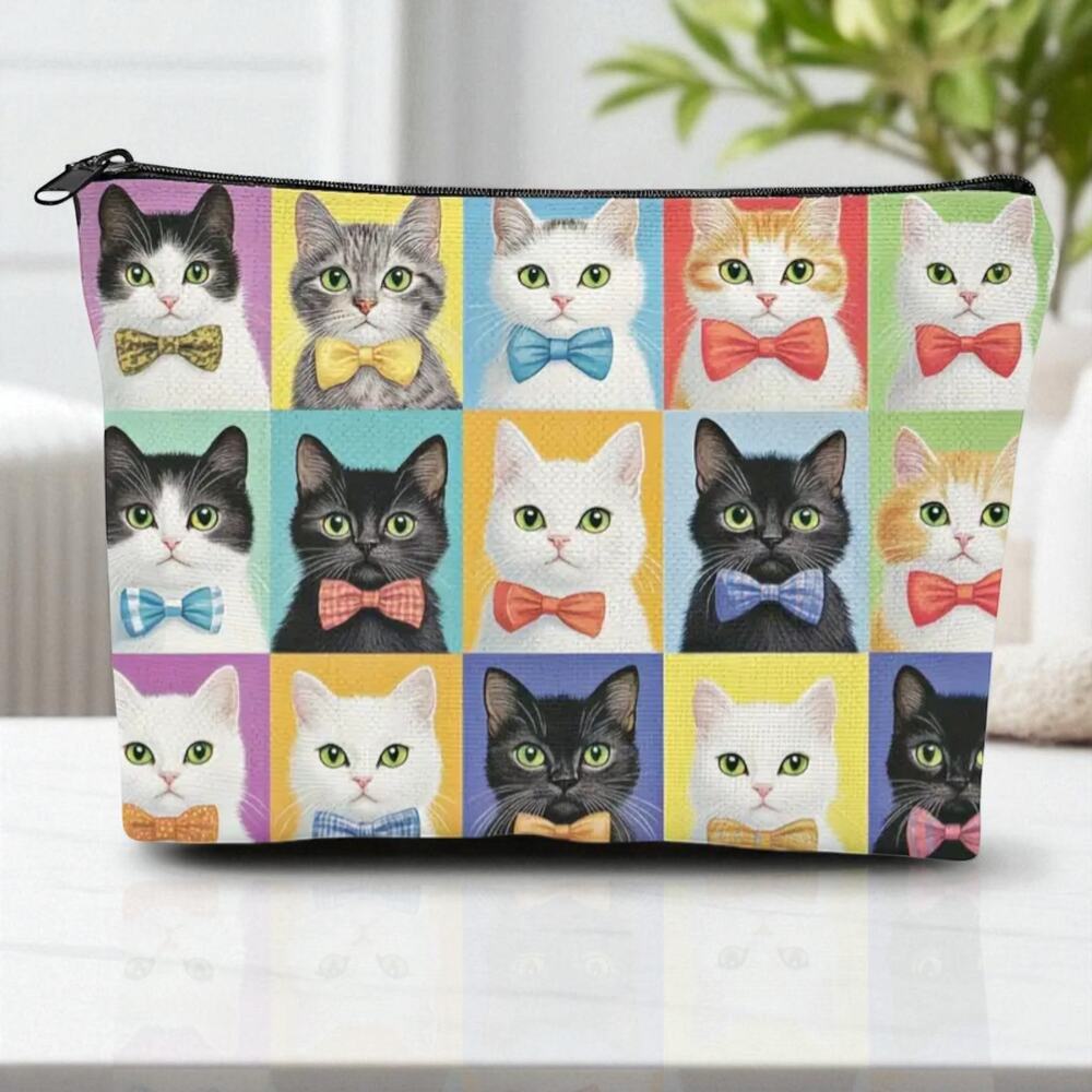 Cat Themed Cosmetic Bag 9x6 - Travel Makeup Organizer Pouch Cat Cosmetic Bag
